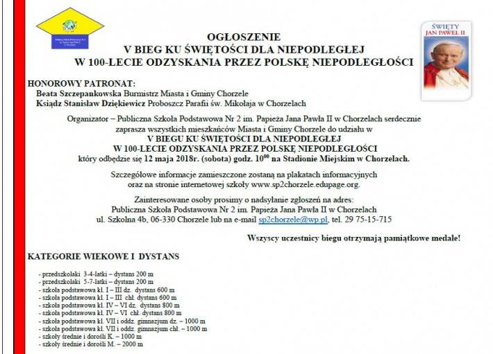 V Bieg ku Świętości dla Niepodległej w 100-lecie odzyskania przez Polskę Niepodległości w Chorzelach