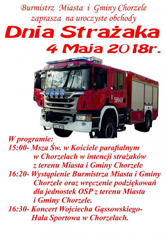 Uroczyste obchody Dnia Strażaka 2018 w Chorzelach - zaproszenie