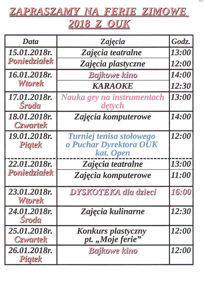 Ferie w Chorzelach - zaproszenie