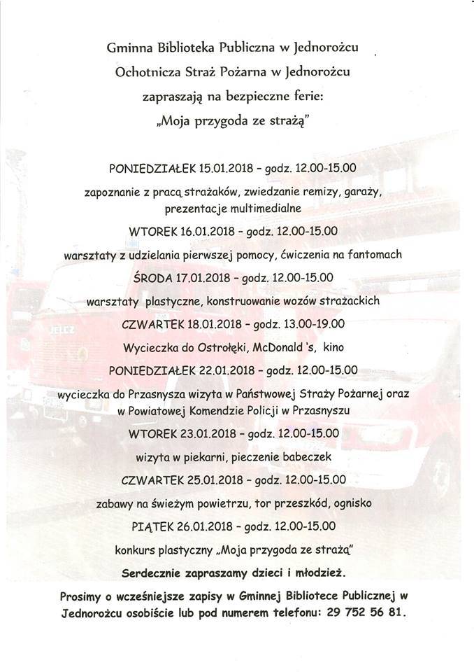 Bezpieczne ferie w Jednorożcu - zaproszenie