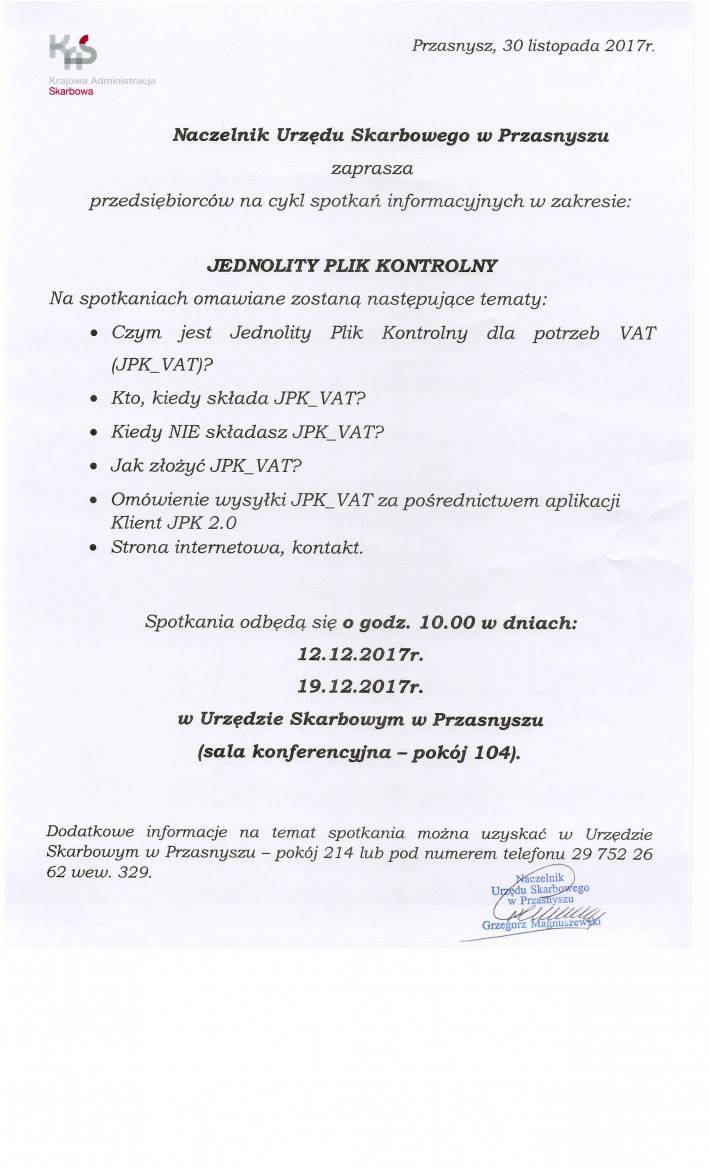Wtorkowe spotkania w Urzędzie Skarbowym - zaproszenie