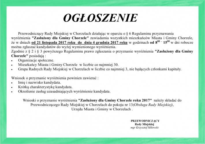 Zasłużony dla Gminy Chorzele - zgłaszanie kandydatur