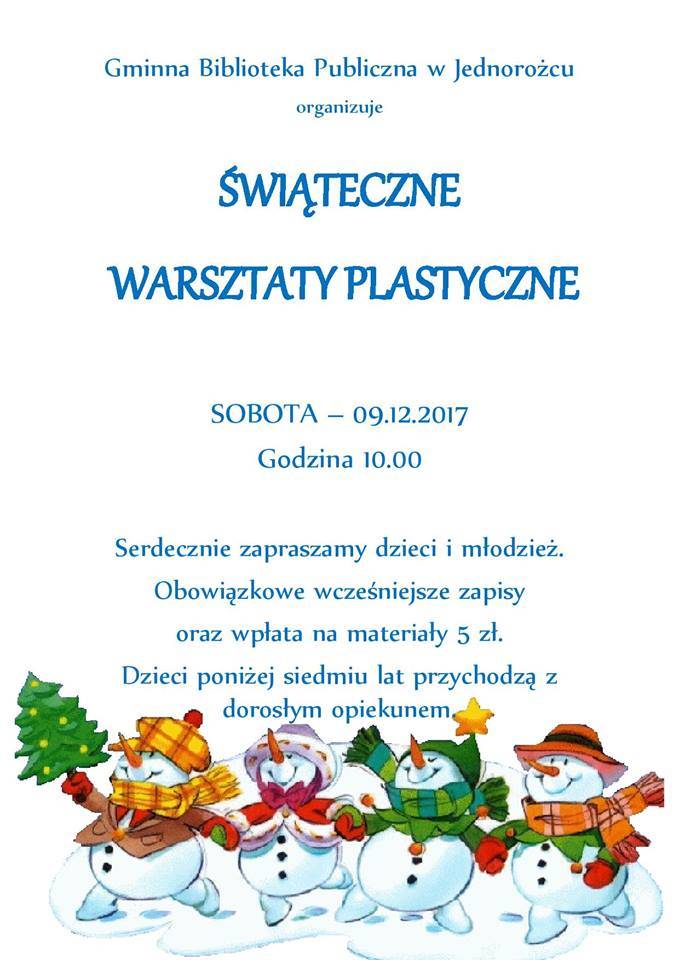 Świąteczne Warsztaty Plastyczne w Jednorożcu - zaproszenie