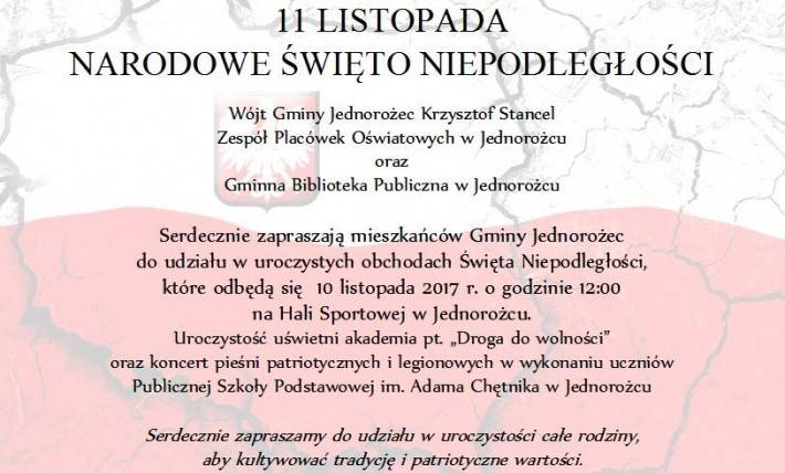Uroczyste obchody Święta Niepodległości w Jednorożcu - zaproszenie