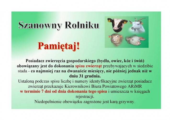 ARiMR: Rolniku dokonaj SPISU ZWIERZĄT