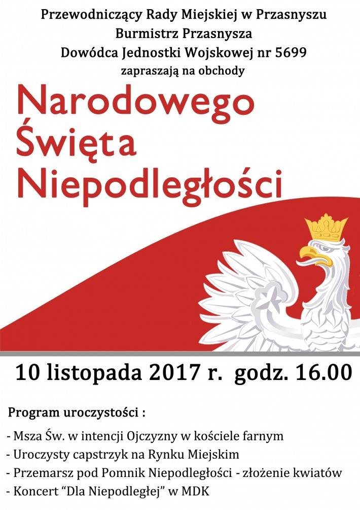 Uroczyste obchody Narodowego Święta Niepodległości w Przasnyszu - zaproszenie