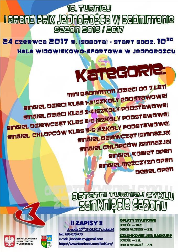 10. turniej I Grand Prix Jednorożca w badmintonie - zaproszenie
