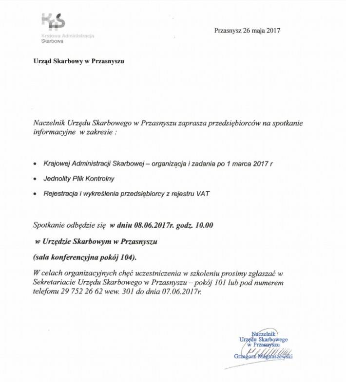 Spotkanie informacyjne w Urzędzie Skarbowym - zaproszenie
