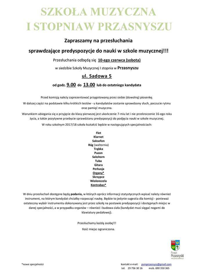Przesłuchania do Szkoły Muzycznej I stopnia w Przasnyszu