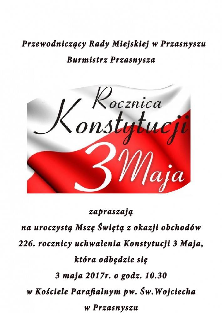 Obchody 226. rocznicy uchwalenia Konstytucji 3-go Maja - zaproszenie