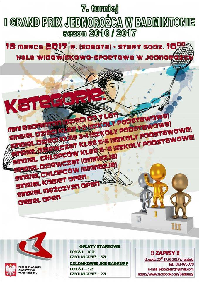 7. turniej I Grand Prix Jednorożca w badmintonie - zaproszenie
