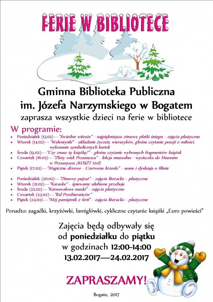 Bogate: Zapraszamy na ferie w bibliotece!