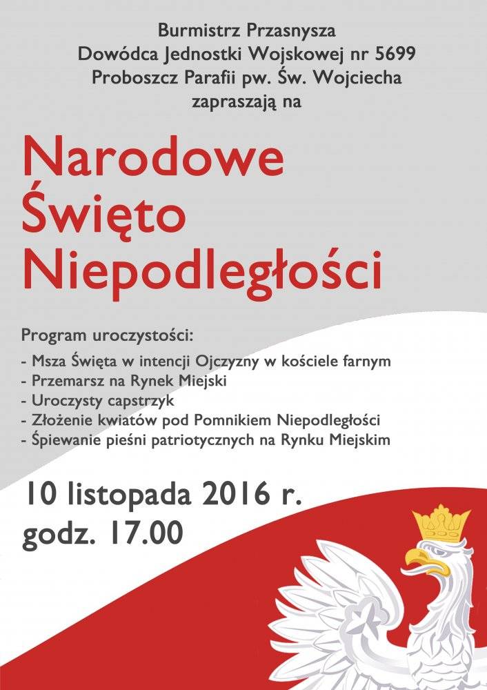 Uroczyste obchody Narodowego Święta Niepodległości - zaproszenie