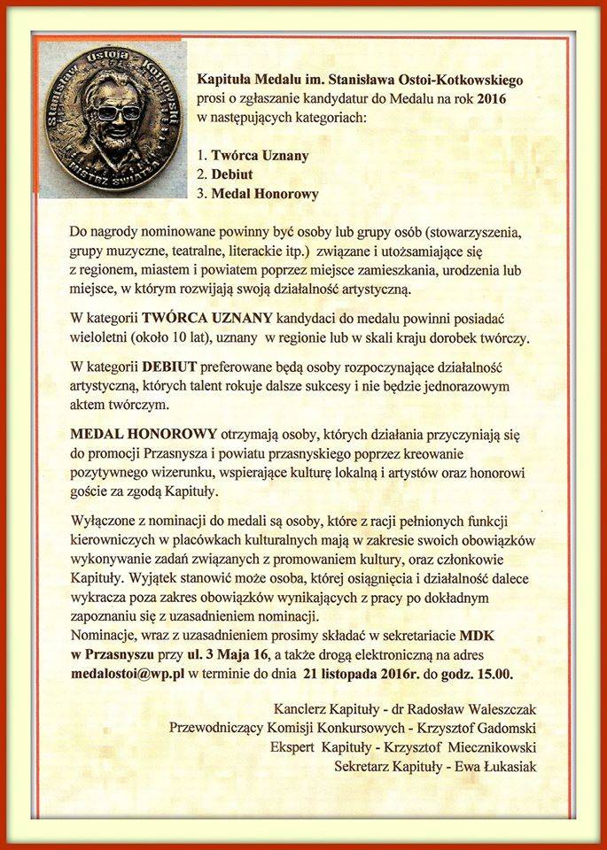 Medal im. Stanisława Ostoi-Kotkowskiego - zgłaszanie kandydatur