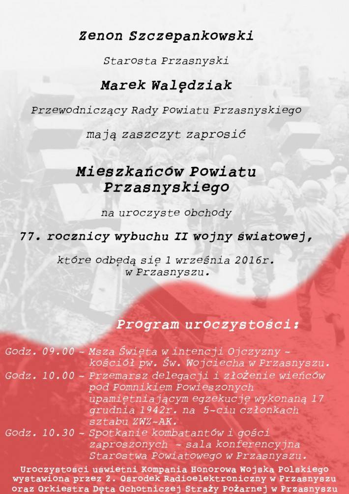 Uroczyste obchody 77. rocznicy wybuchu II Wojny Światowej - zaproszenie
