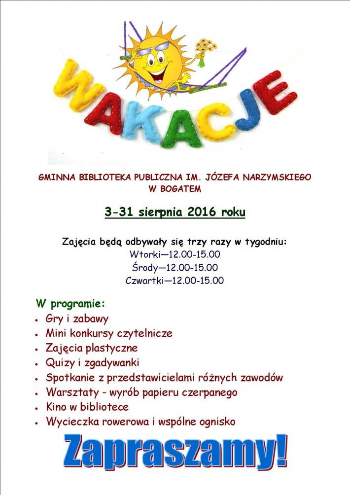 Bogate: Wakacje w bibliotece - zaproszenie