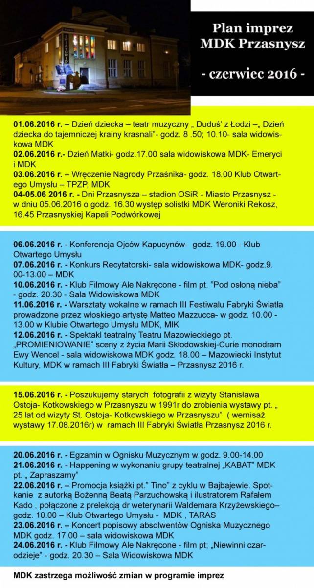 Plan imprez MDK Przasnysz - czerwiec 2016