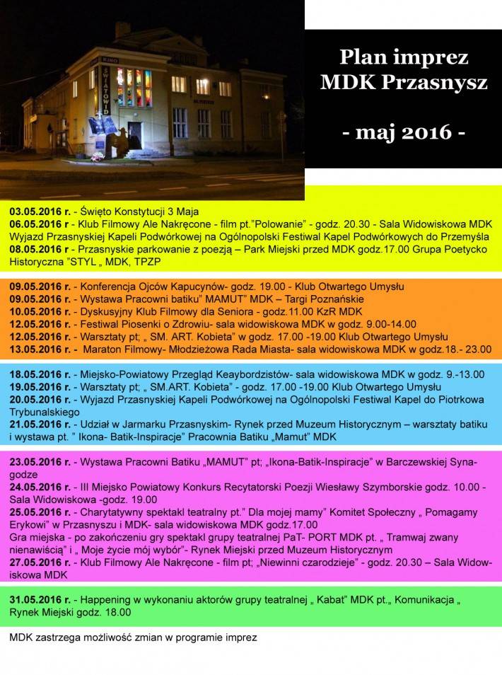 Plan imprez MDK Przasnysz - maj 2016