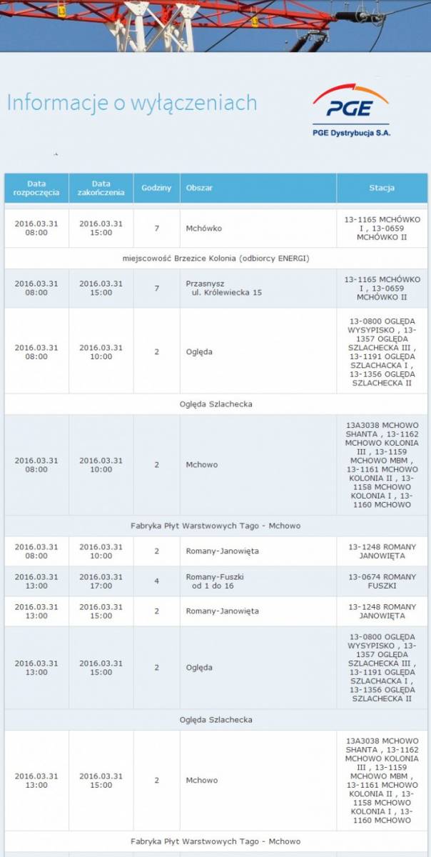 PGE: Informacja o planowanych wyłączeniach