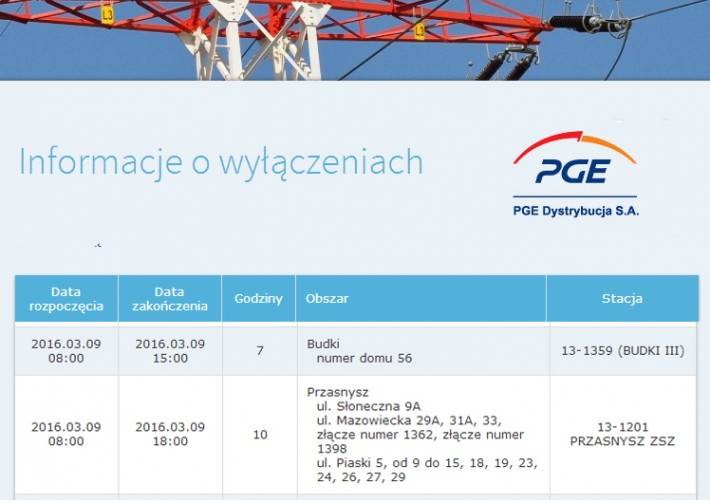 PGE: Informacja o planowanych wyłączeniach