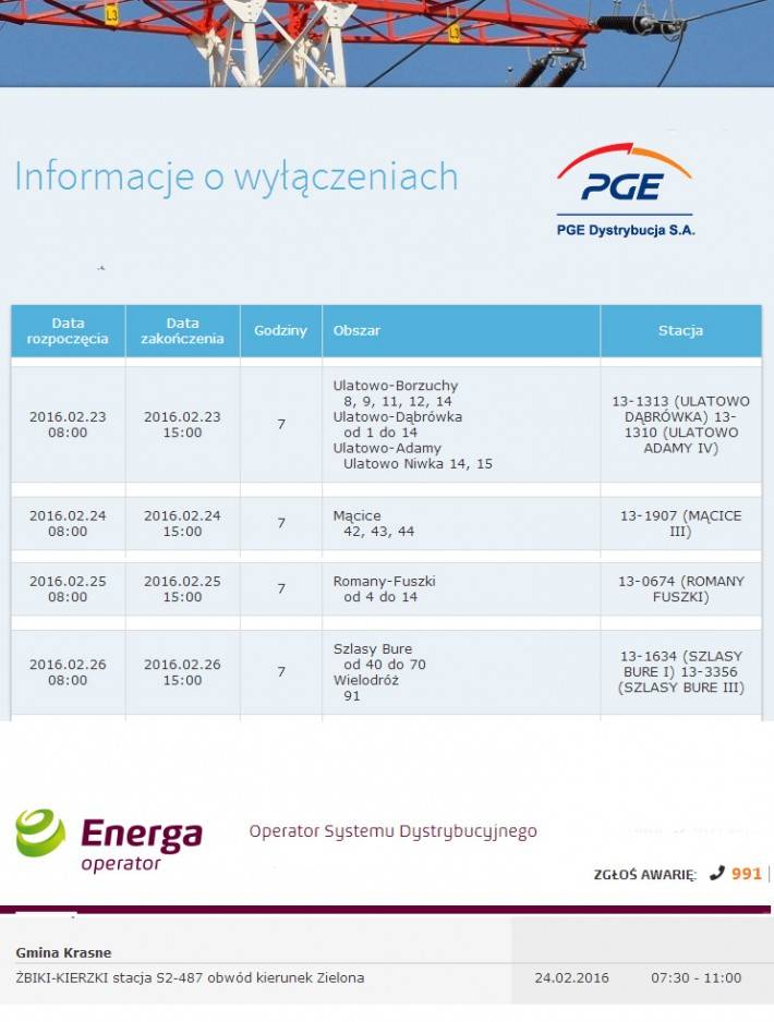 Informacja o planowanych wyłączeniach prądu