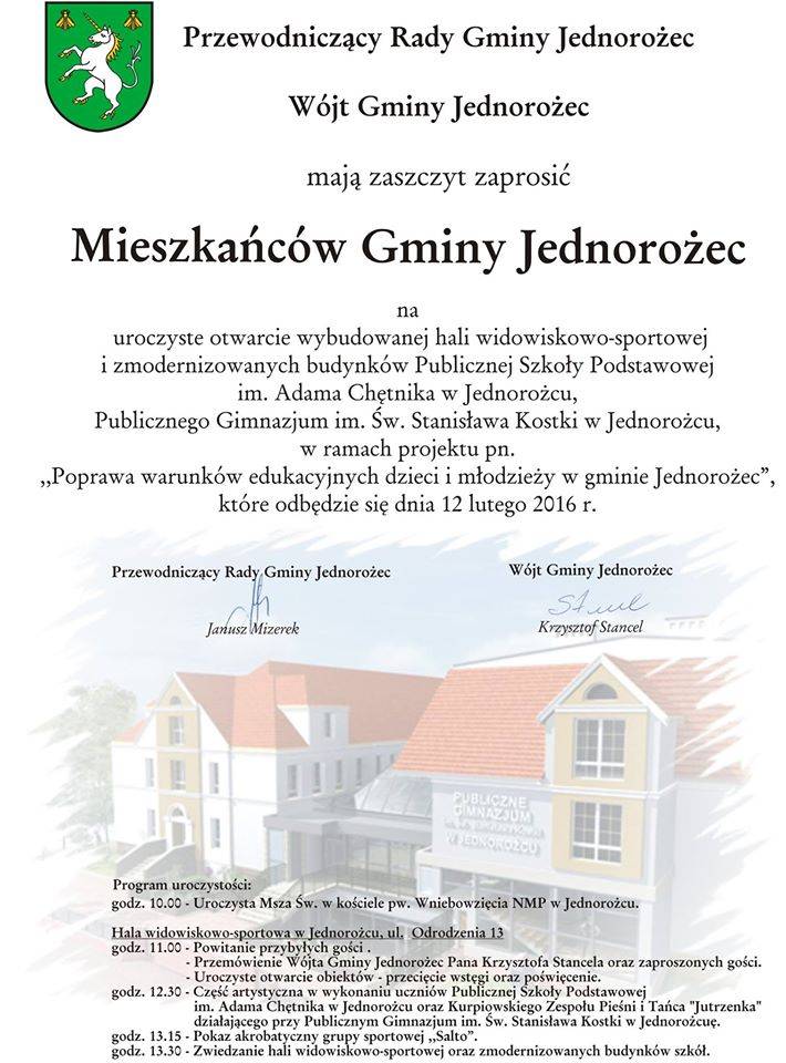 Jednorożec: Uroczyste otwarcie wybudowanej hali widowiskowo-sportowej i zmodernizowanych budynków