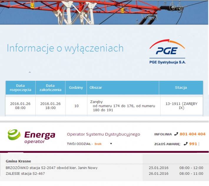 Informacja o planowanych wyłączeniach prądu