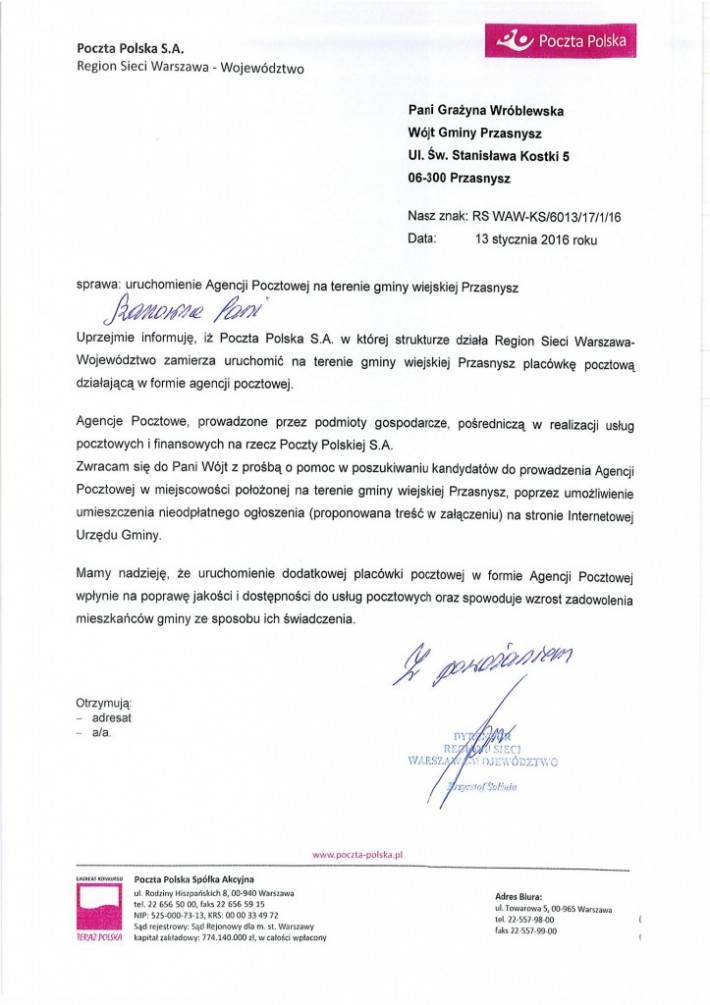 Agencja pocztowa w gminie Przasnysz 
