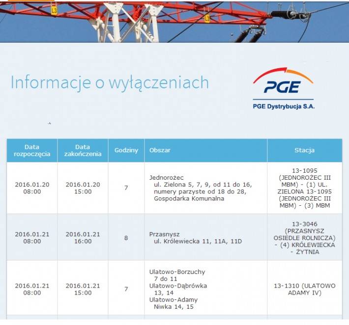 PGE: Informacja o planowanych wyłączeniach