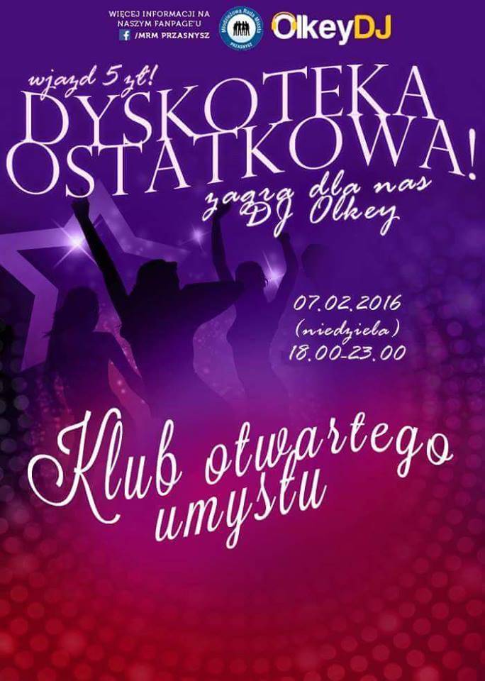 Dyskoteka Ostatkowa - zaproszenie 
