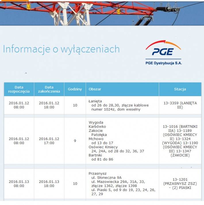 PGE: Informacja o planowanych wyłączeniach