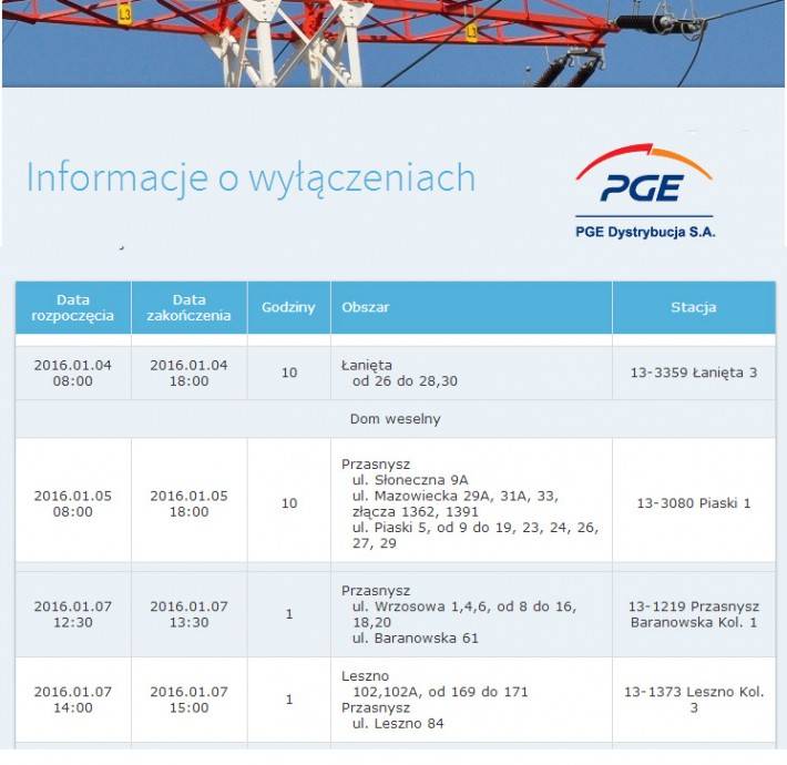 PGE: Informacja o planowanych wyłączeniach