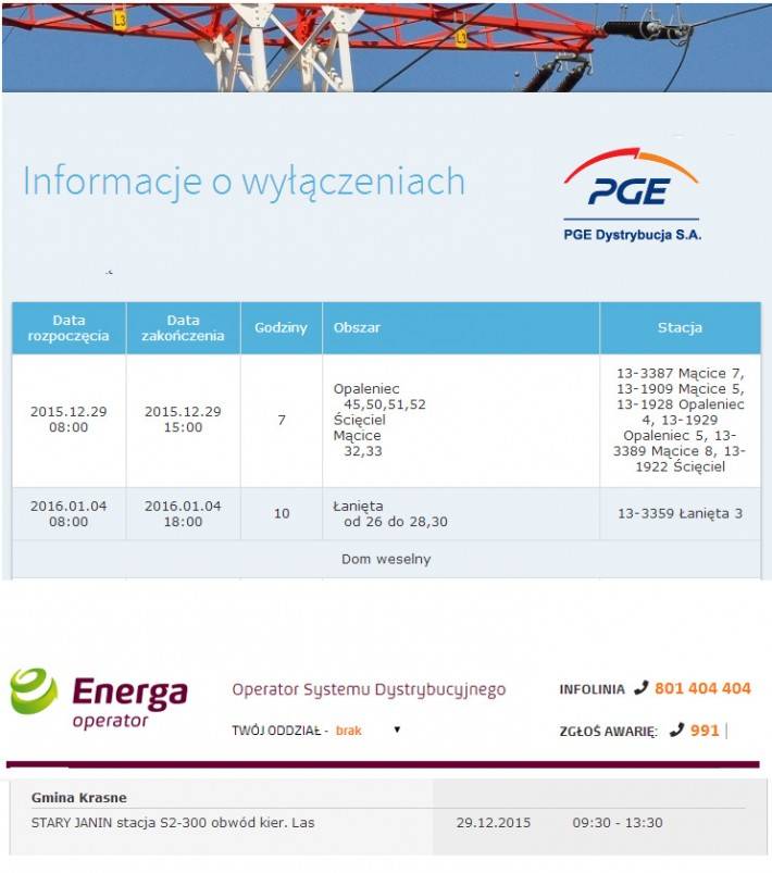 Informacja o planowanych wyłączeniach prądu