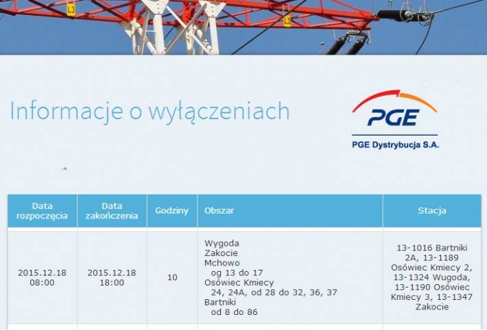 PGE: Informacja o planowanych wyłączeniach