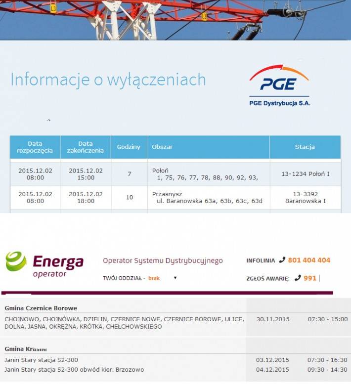 Informacja o planowanych wyłączeniach prądu