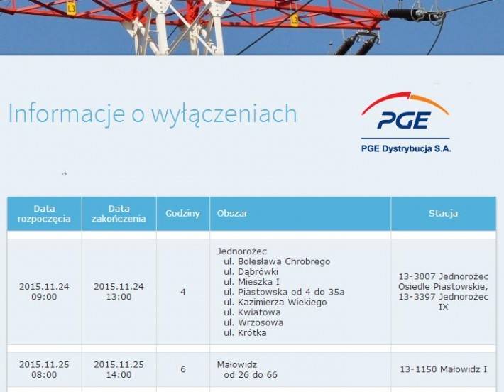 PGE: Informacja o planowanych wyłączeniach