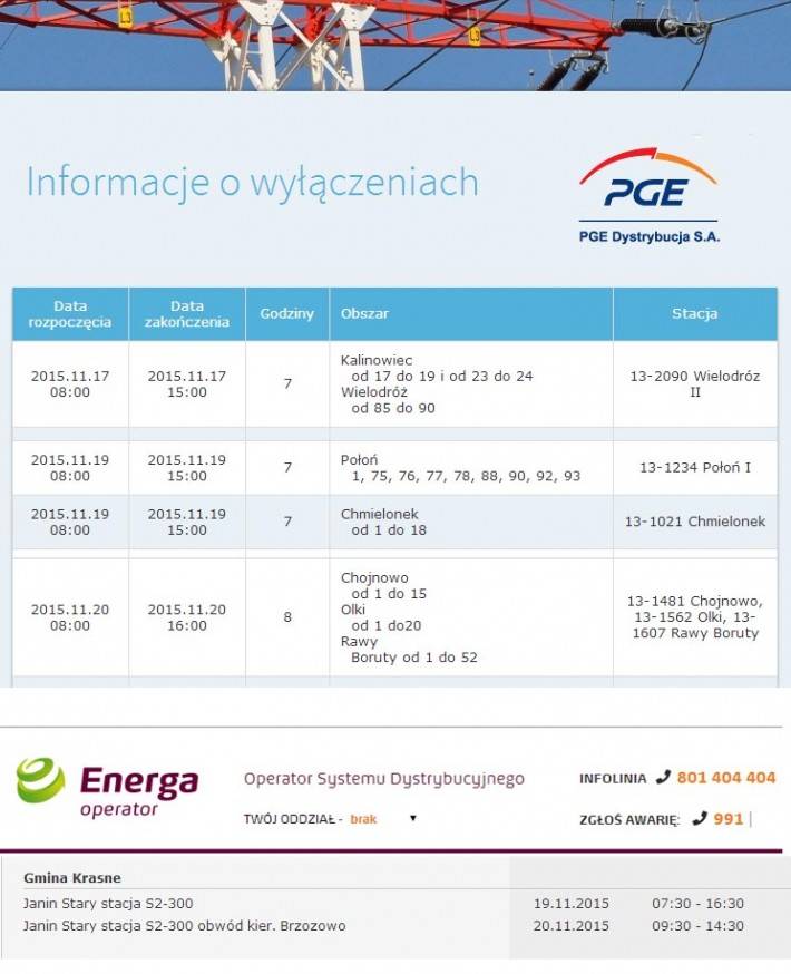 Informacja o planowanych wyłączeniach prądu