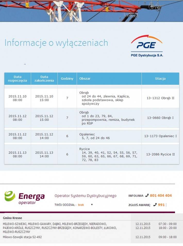 Informacja o planowanych wyłączeniach prądu