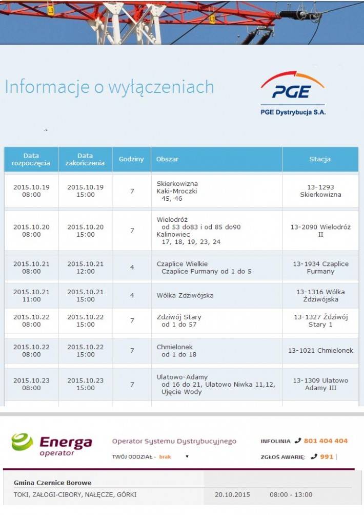 Informacja o planowanych wyłączeniach prądu