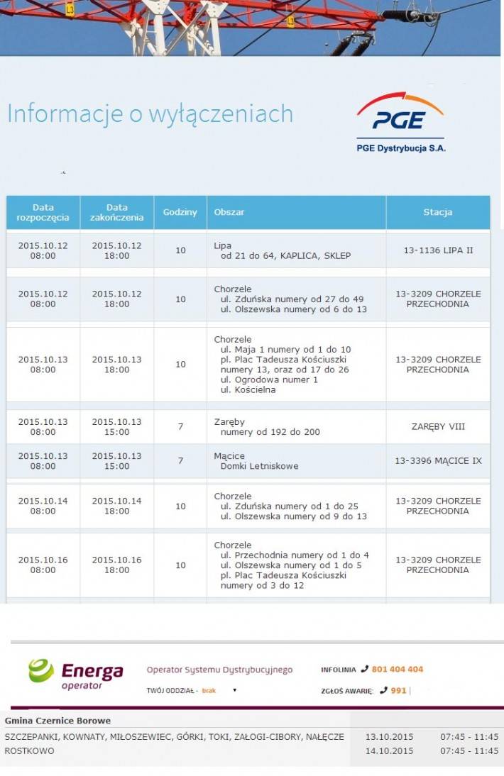 Informacja o planowanych wyłączeniach prądu
