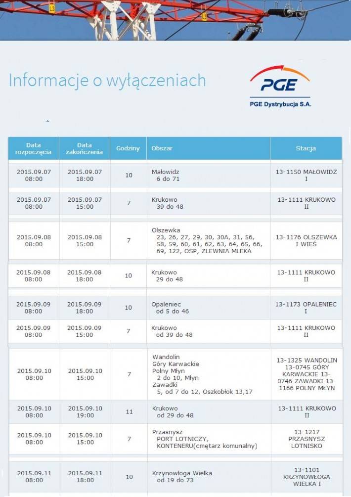 PGE: Informacja o planowanych wyłączeniach