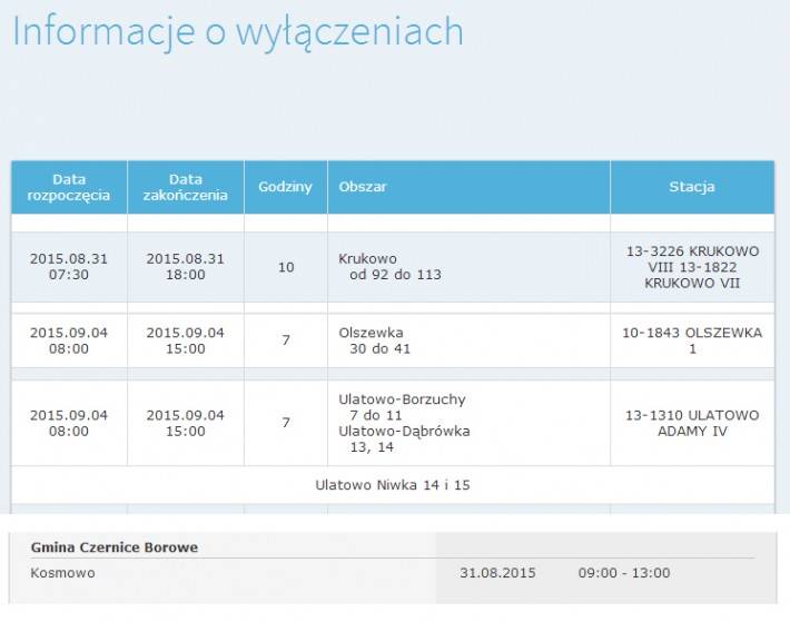 Informacja o planowanych wyłączeniach prądu