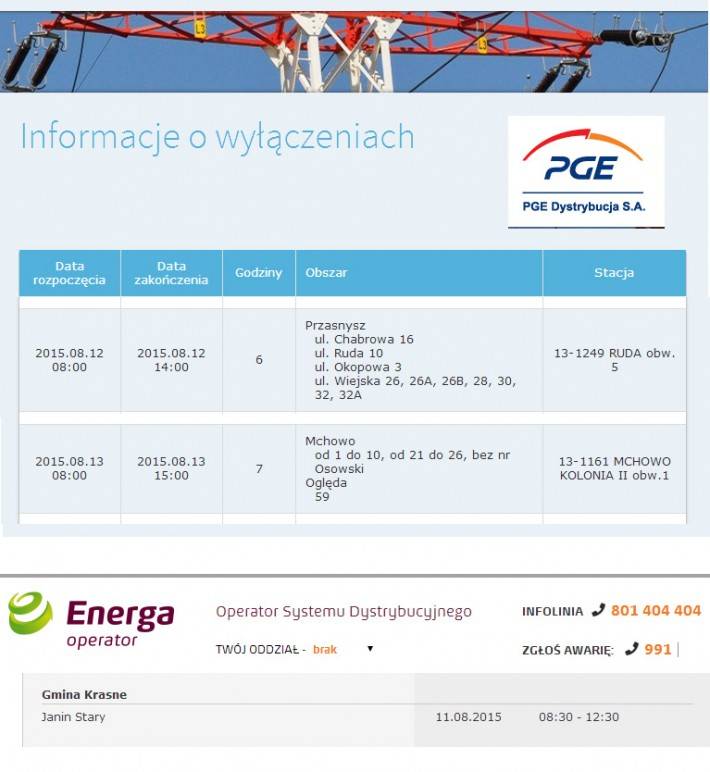 Informacja o planowanych wyłączeniach prądu