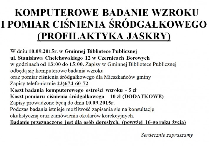 Czernice Borowe: Komputerowe badanie wzroku i pomiar ciśnienia śródgałkowego (Profilaktyka Jaskry)