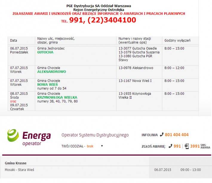 Informacja o planowanych wyłączeniach prądu