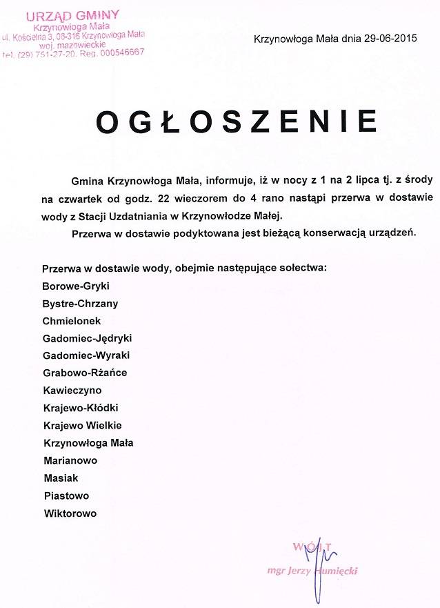 Krzynowłoga Mała: Przerwa w dostawie wody