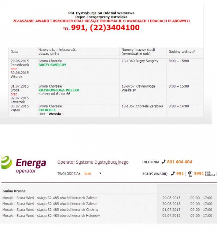 Informacja o planowanych wyłączeniach prądu