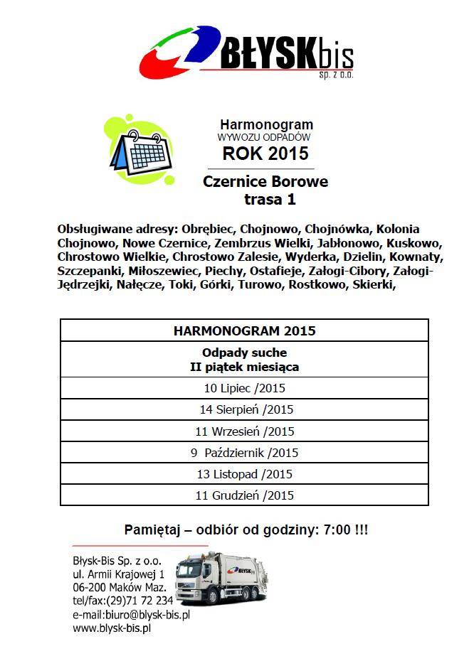 Czernice Borowe: Harmonogramy odbioru odpadów w 2015r.