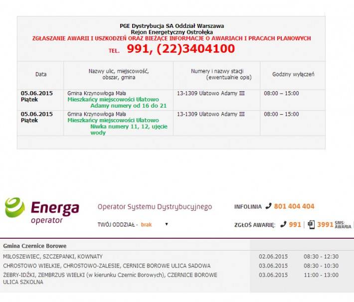 Informacja o planowanych wyłączeniach prądu