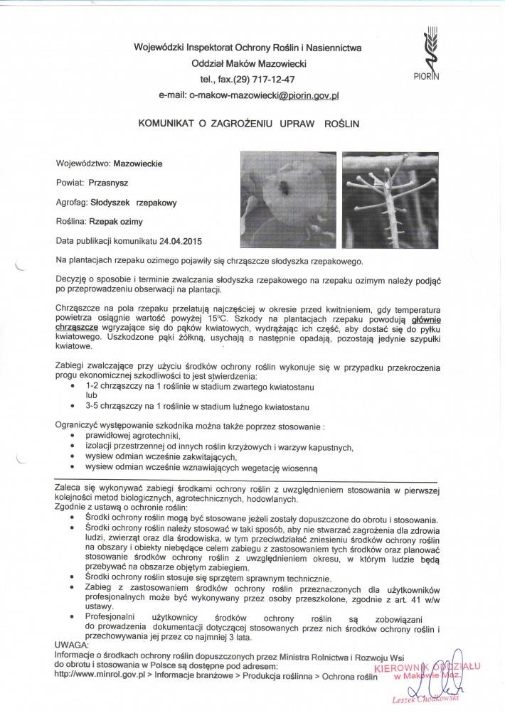 KOMUNIKAT O ZAGROŻENIU UPRAW ROŚLIN